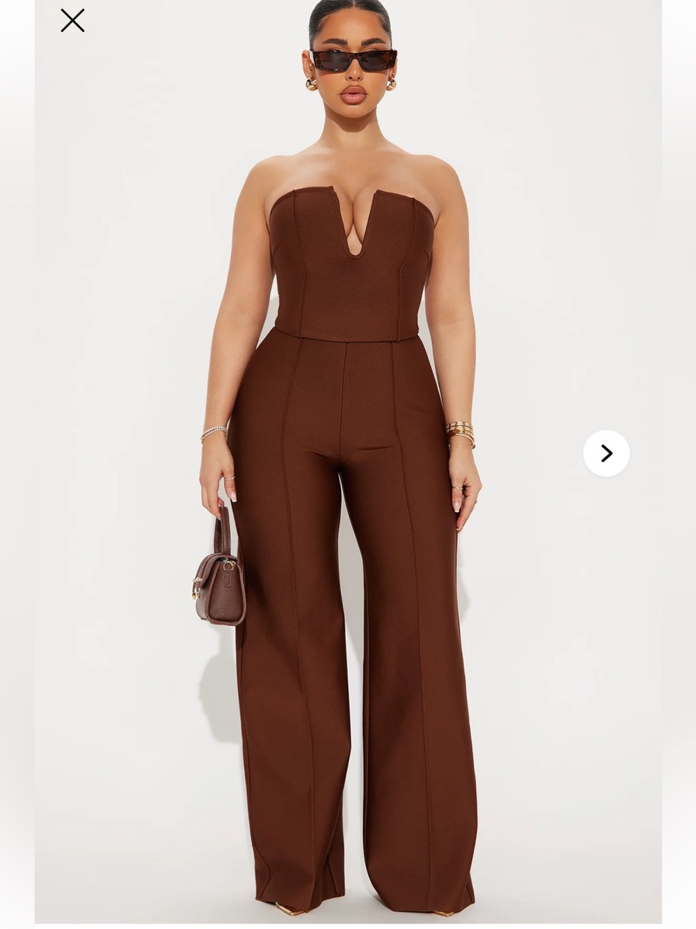 Fashion Nova Strapless V-Notch Wide-Leg Jumpsuit - Brown